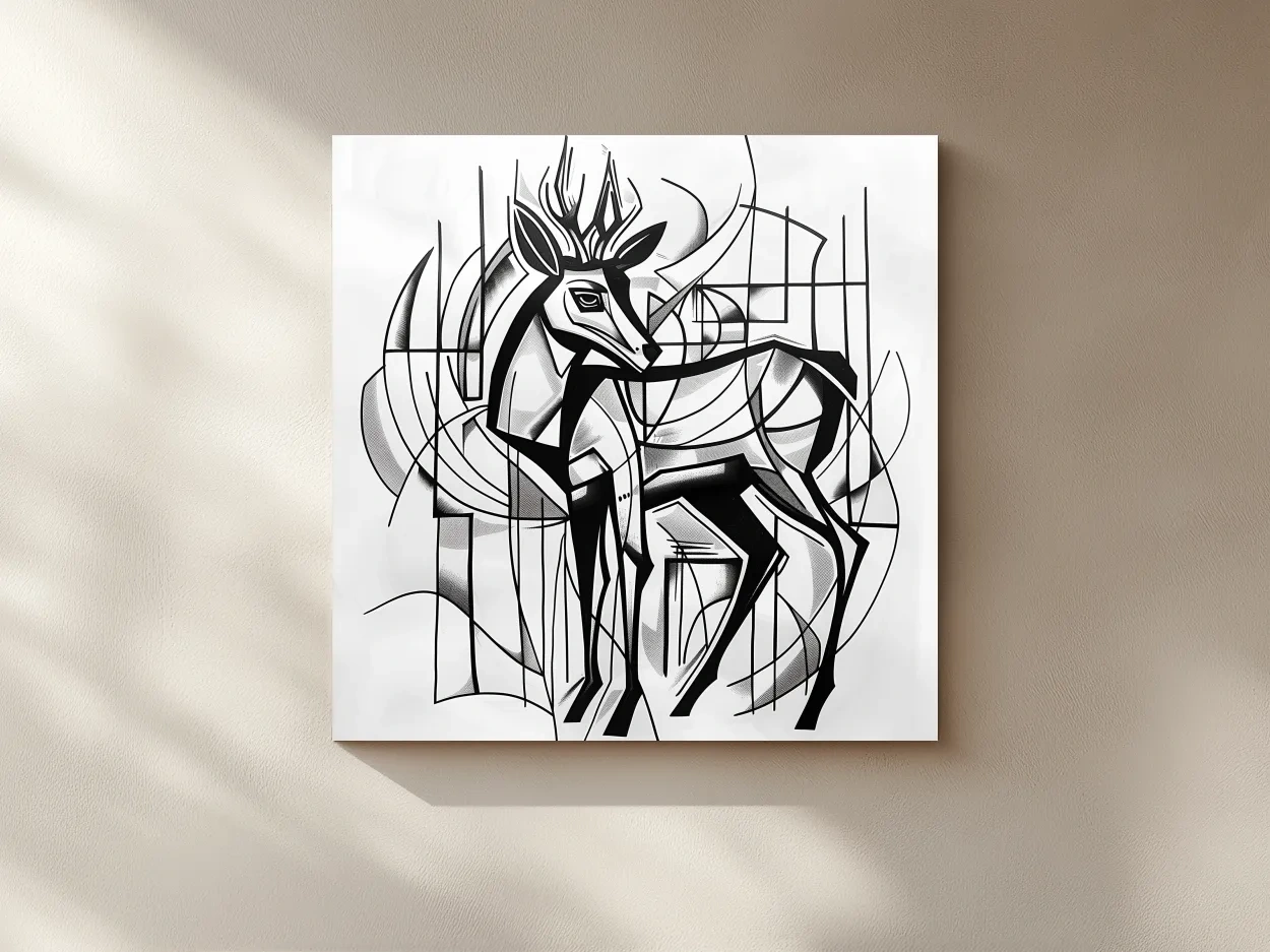 Cubism Abstract Stag Artwork - Modern Black And White Wildlife Wall Art