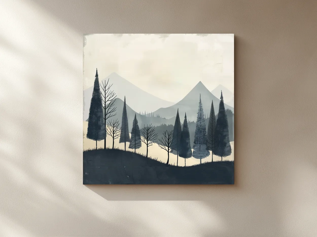 Minimalist Nordic Mountain Forest Landscape - Serene Scandinavian Nature Wall Art