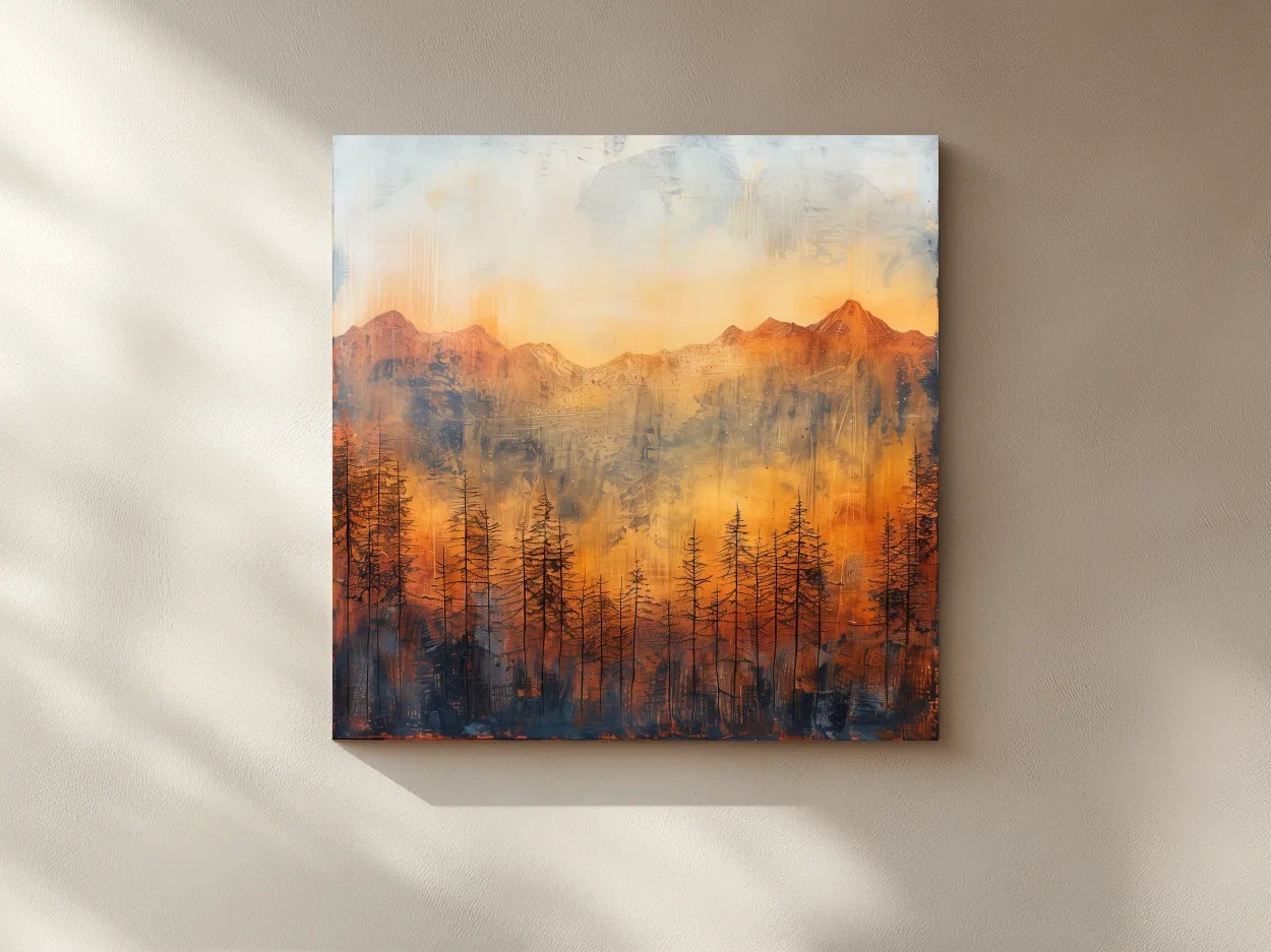 Moody Abstract Mountain Sunrise With Silhouetted Pine Forest - Textured Landscape Painting