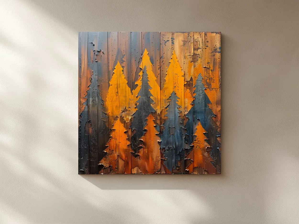 Autumn Pine Forest Silhouettes - Rustic Painted Wood Wall Art