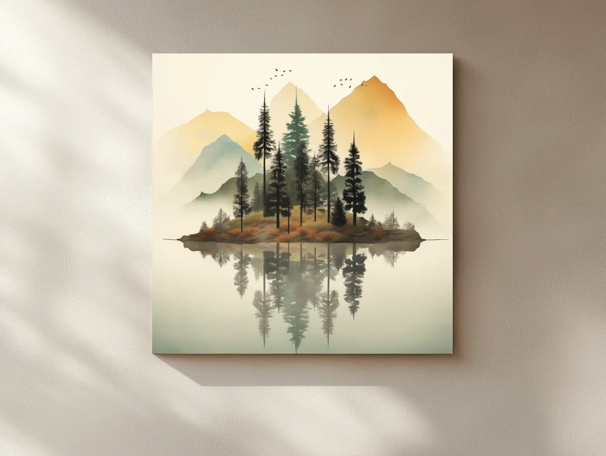 Misty Pine Forest Island Reflection - Minimalist Mountain Lake Wall Art