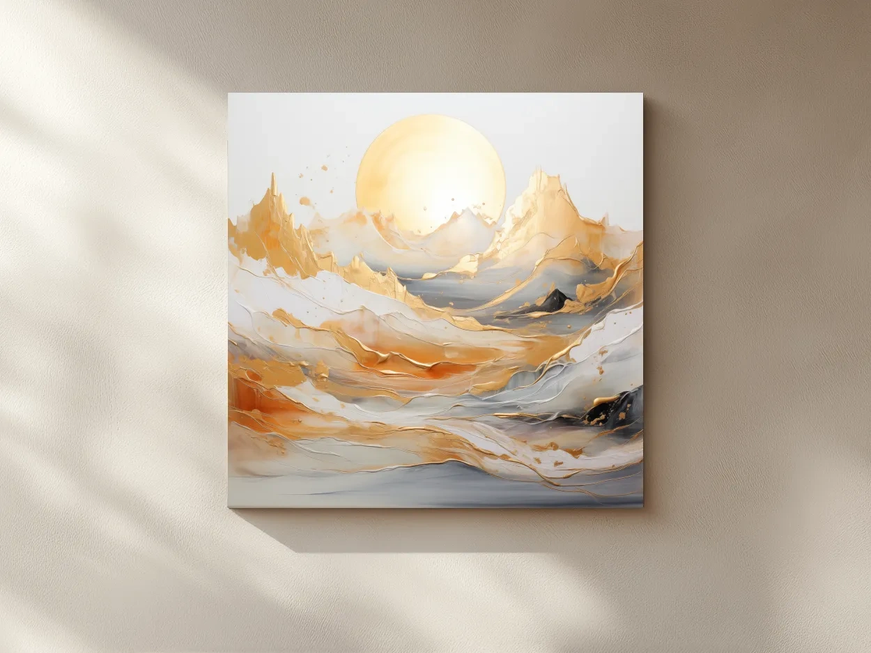 Gold Leaf Abstract Mountains Painting - Minimalist Sunrise Landscape Wall Art