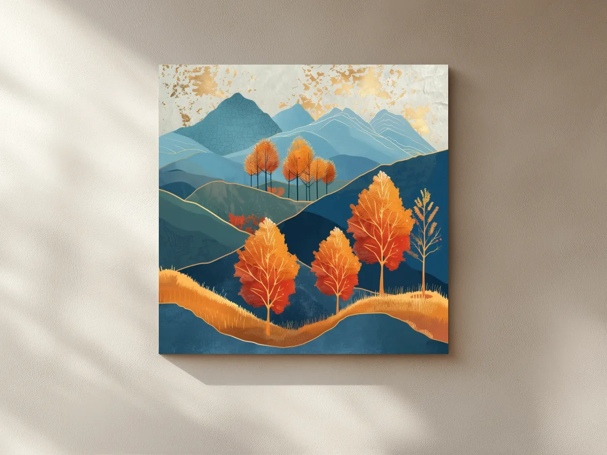 Autumn Aspen Trees In Layered Blue Mountains - Modern Gold Leaf Style Wall Art