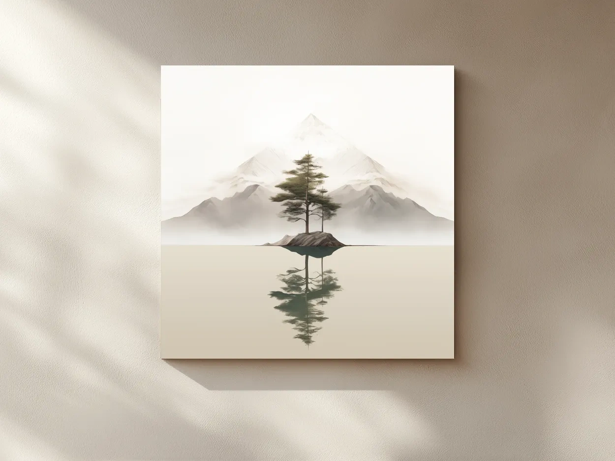 Minimalist Misty Lake Landscape Artwork - Serene Zen Pine Tree Reflection Art