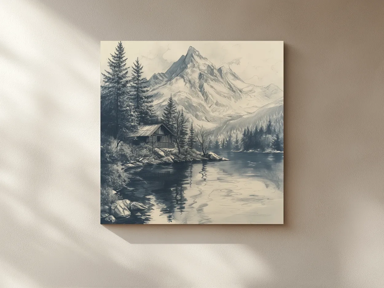 Vintage Alpine Cabin By Mountain Lake - Monochrome Pencil Sketch Landscape Wall Art