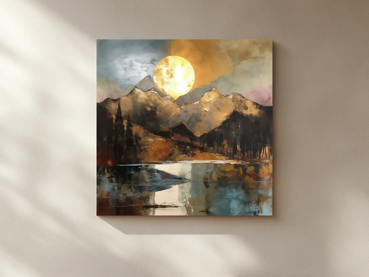 Alpine Mountain Lake Sunset Painting - Golf Leaf Style Wall Art