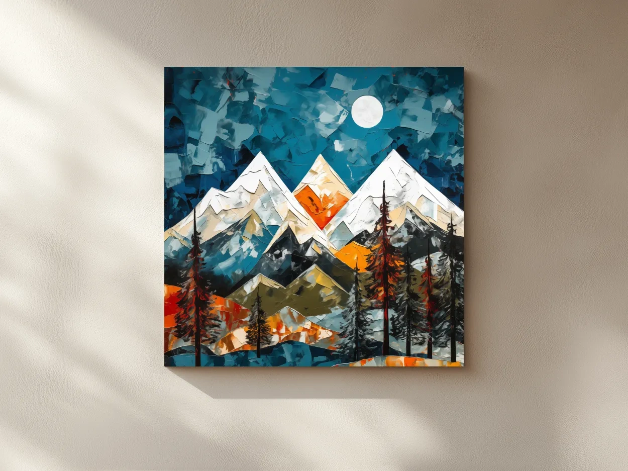 Abstract Impasto Style Mountain Nightscape - Moonlit Alpine Landscape Wall Art