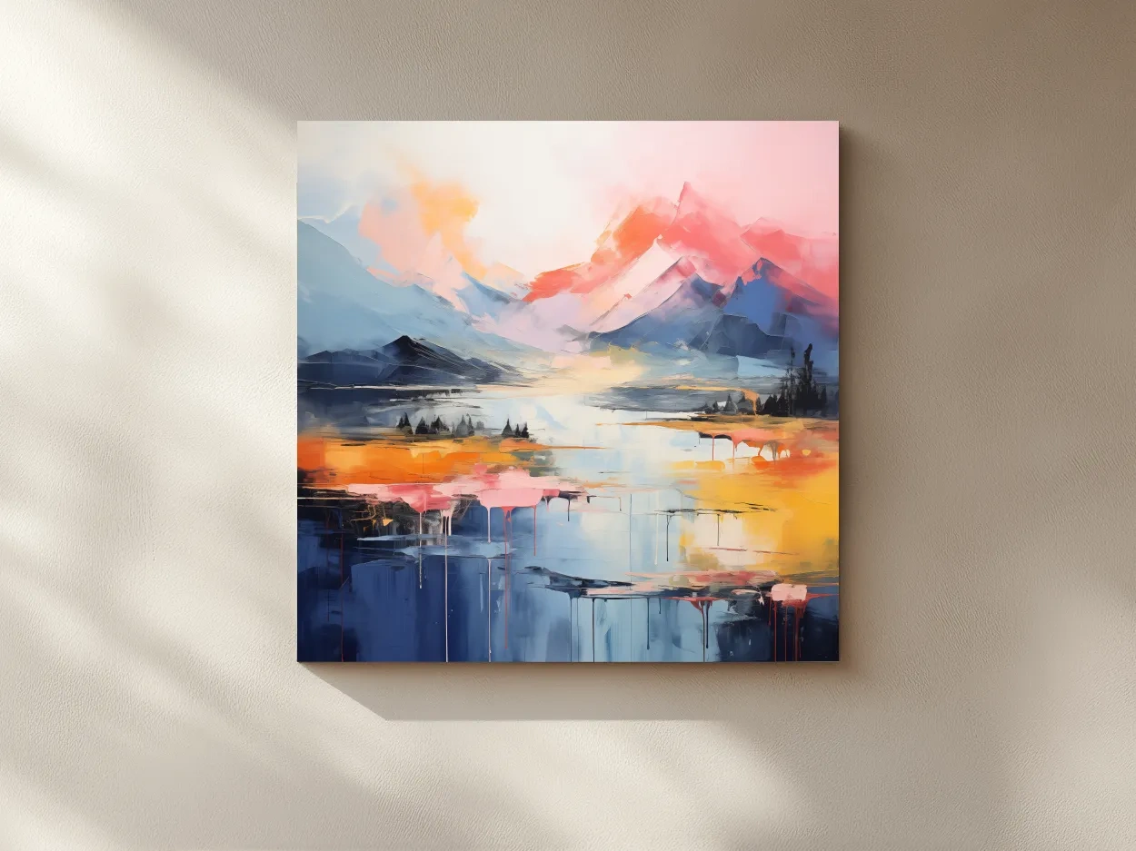 Vibrant Abstract Mountain Lake Sunset Painting - Colorful Modern Landscape Wall Art