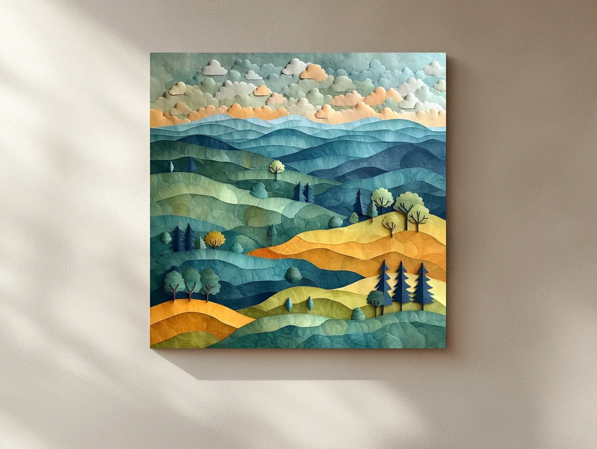 Layered Paper Cut Mountain Landscape - Mixed Media Forest Wall Art