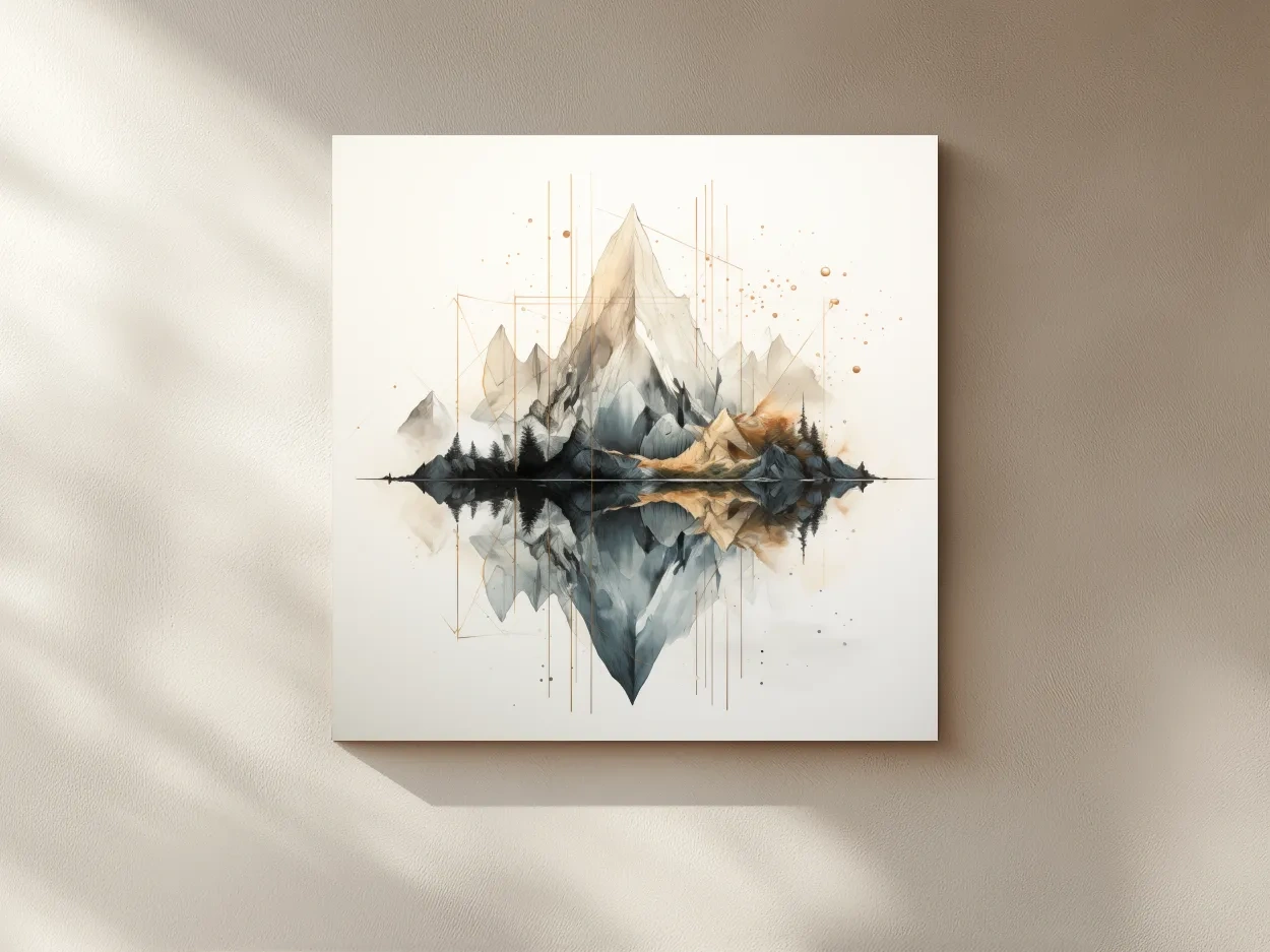 Geometric Watercolor Mountain Reflection Landscape - Modern Minimalist Wall Art