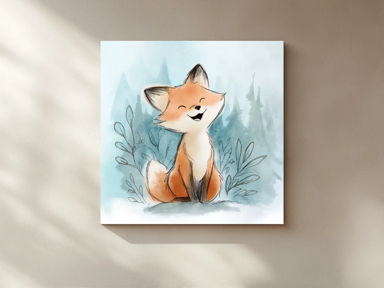 Whimsical Watercolor Fox Cub Illustration - Cute Woodland Nursery Wall Art