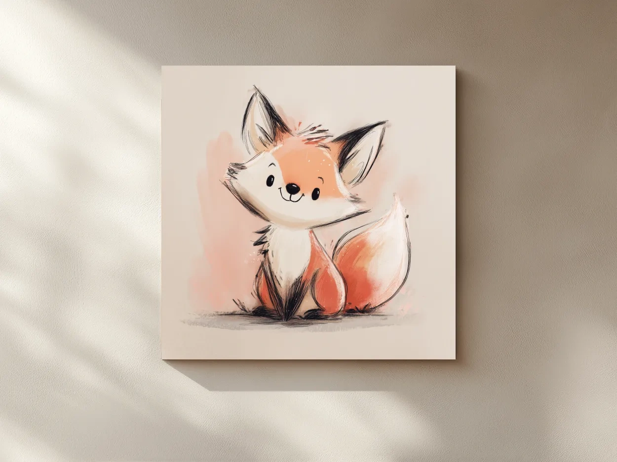 Cute Watercolor Baby Fox Illustration - Whimsical Woodland Nursery Wall Art