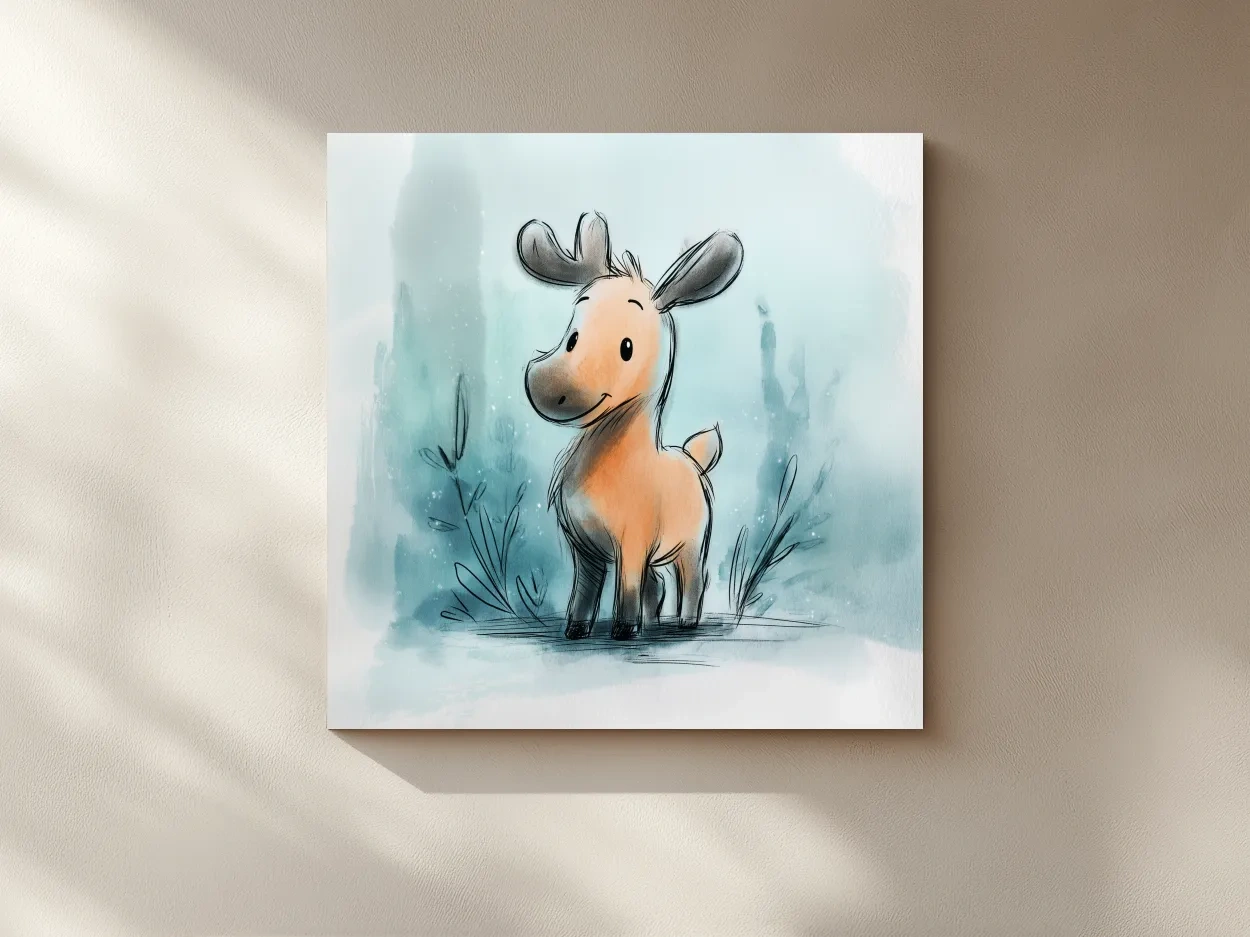 Cute Baby Moose Watercolor Illustration - Whimsical Nursery Wildlife Wall Art