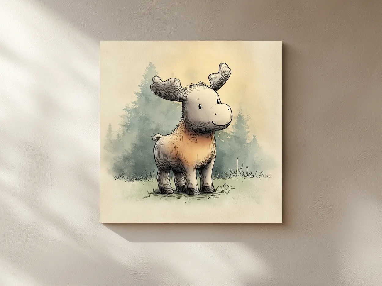Cute Baby Moose Watercolor Illustration - Woodland Nursery Animal Wall Art