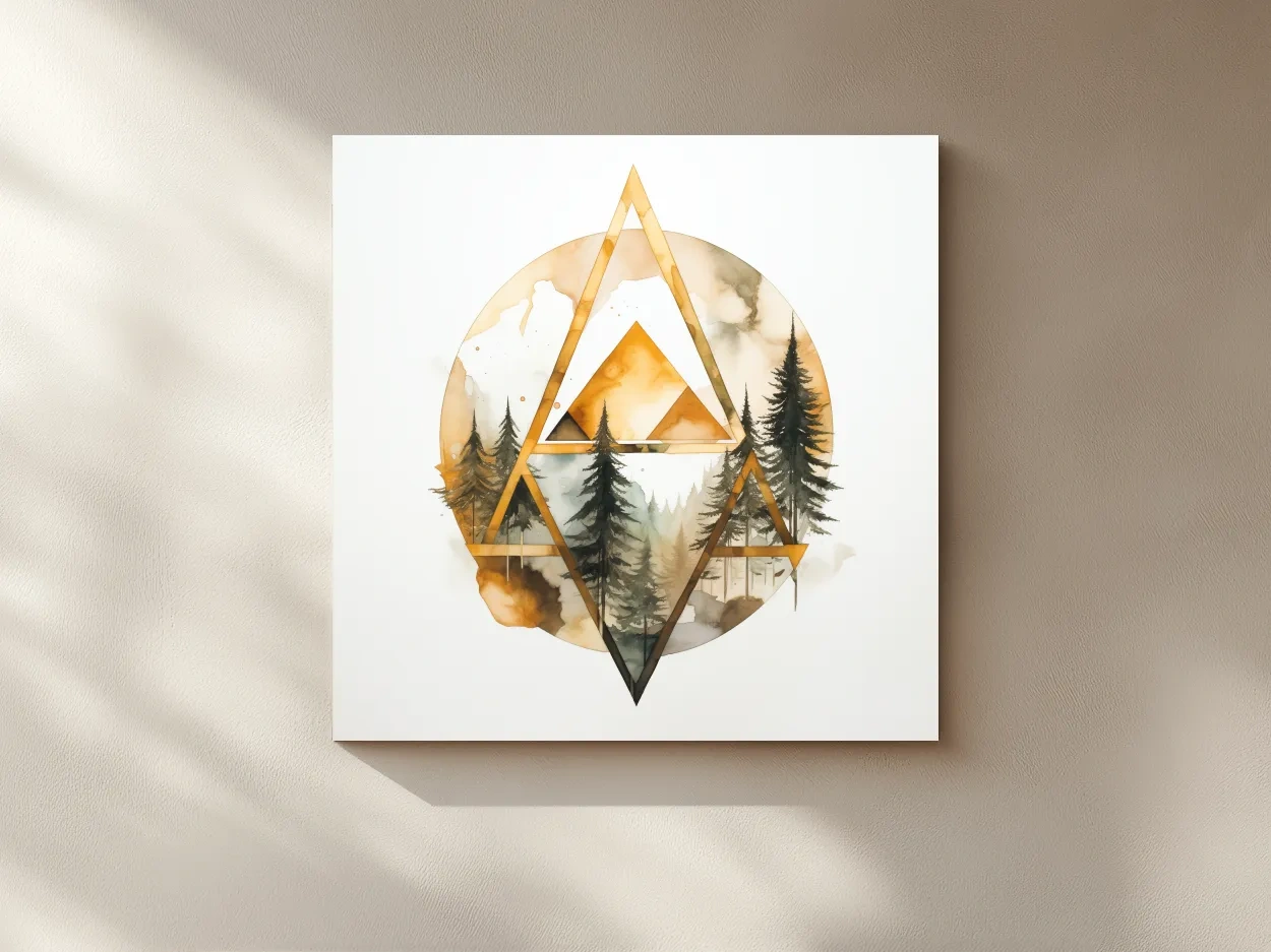 Rustic Elegant Watercolor Mountain Pine Forest - Abstract Golden Geometric Nature Wall Art