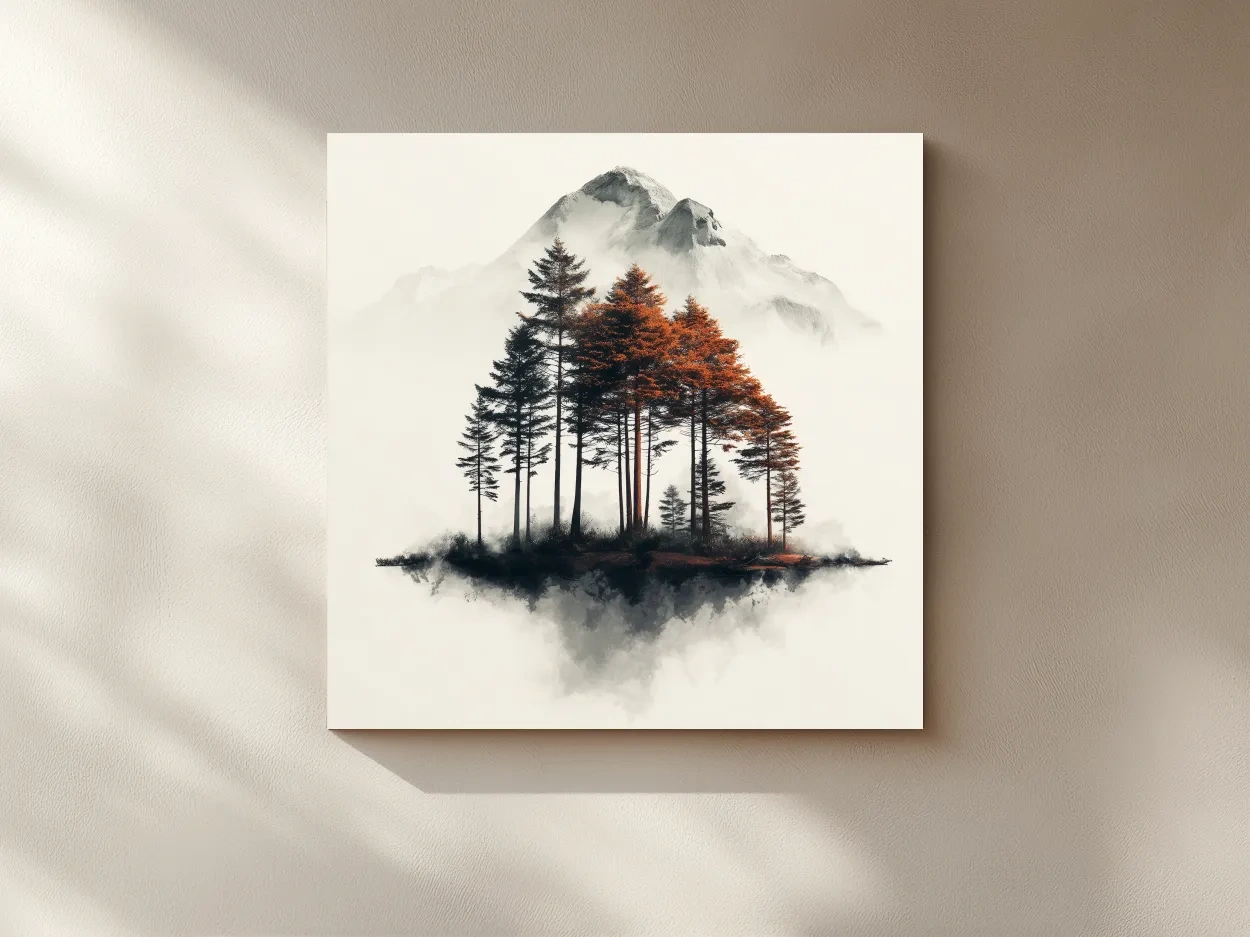 Misty Mountain Pine Forest Watercolor - Autumn Landscape Wall Art