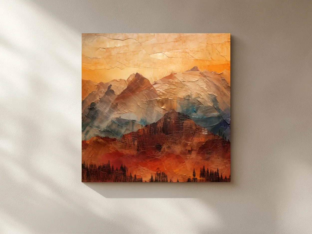 Impasto Style Abstract Mountain Range Sunset - Warm Rustic Landscape Wall Art