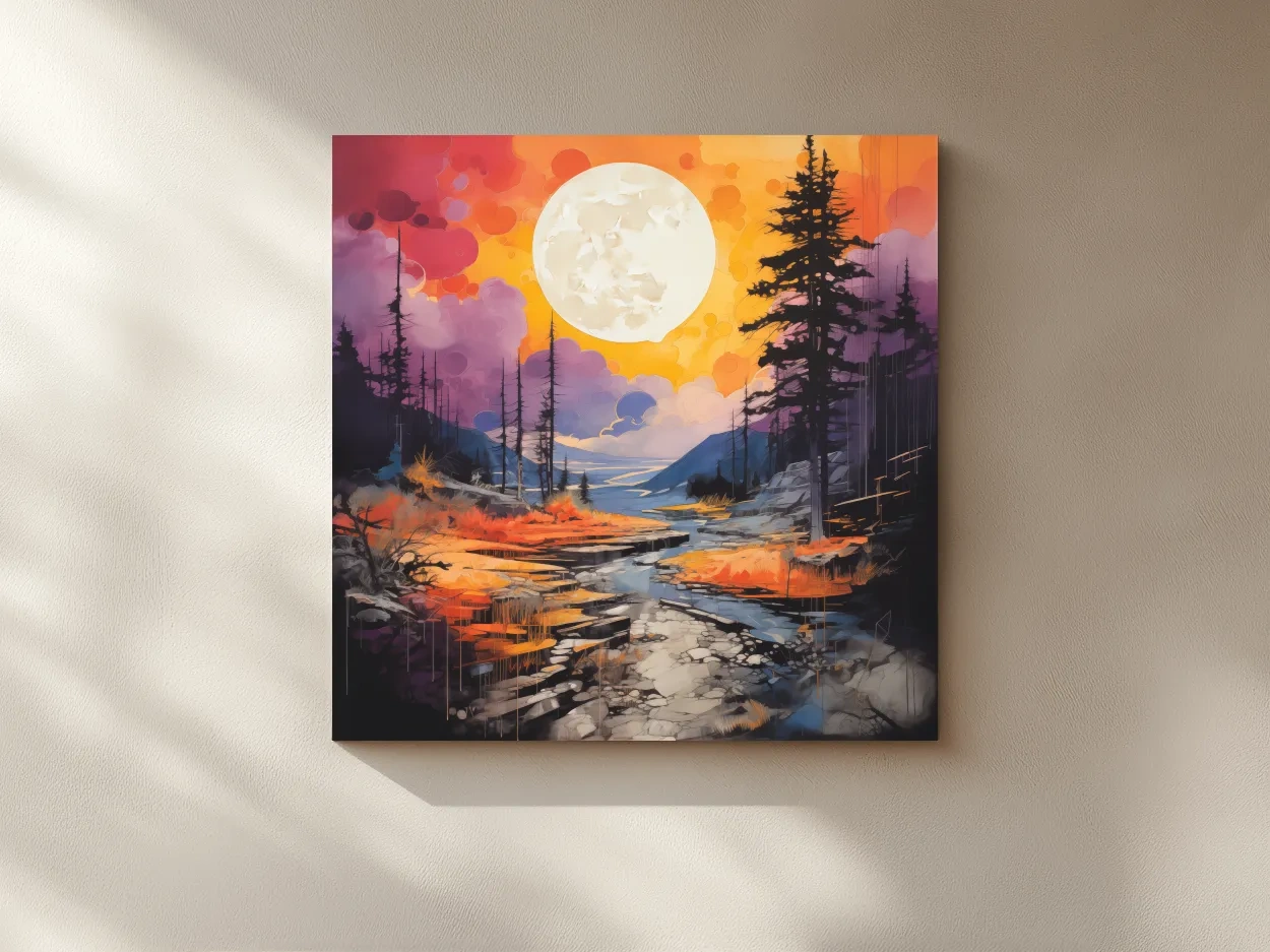 Vibrant River Valley Landscape Illustration - Abstract Sunset Forest Wall Art