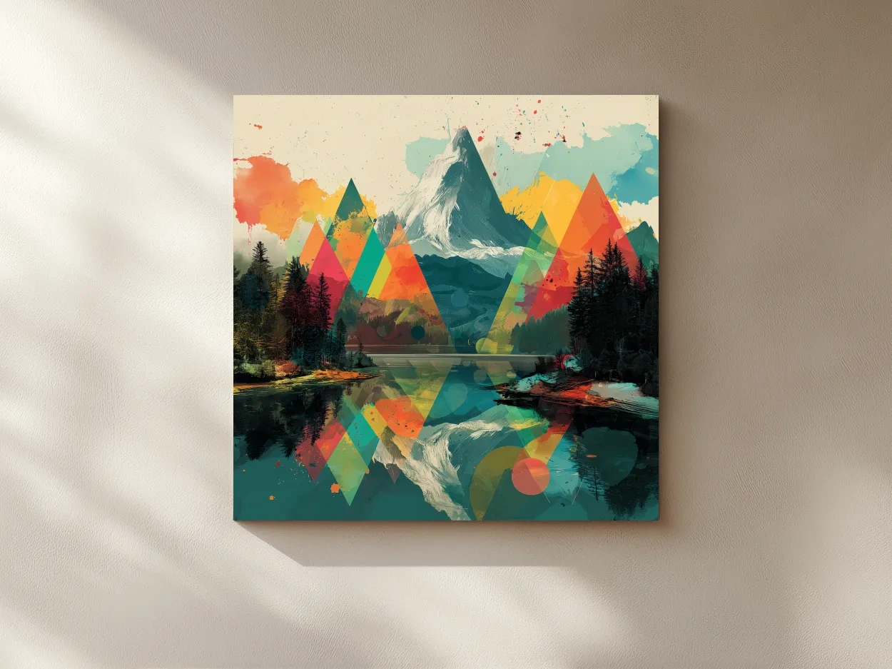 Vibrant Abstract Mountain Lake Collage Art - Colorful Alpine Wall Art