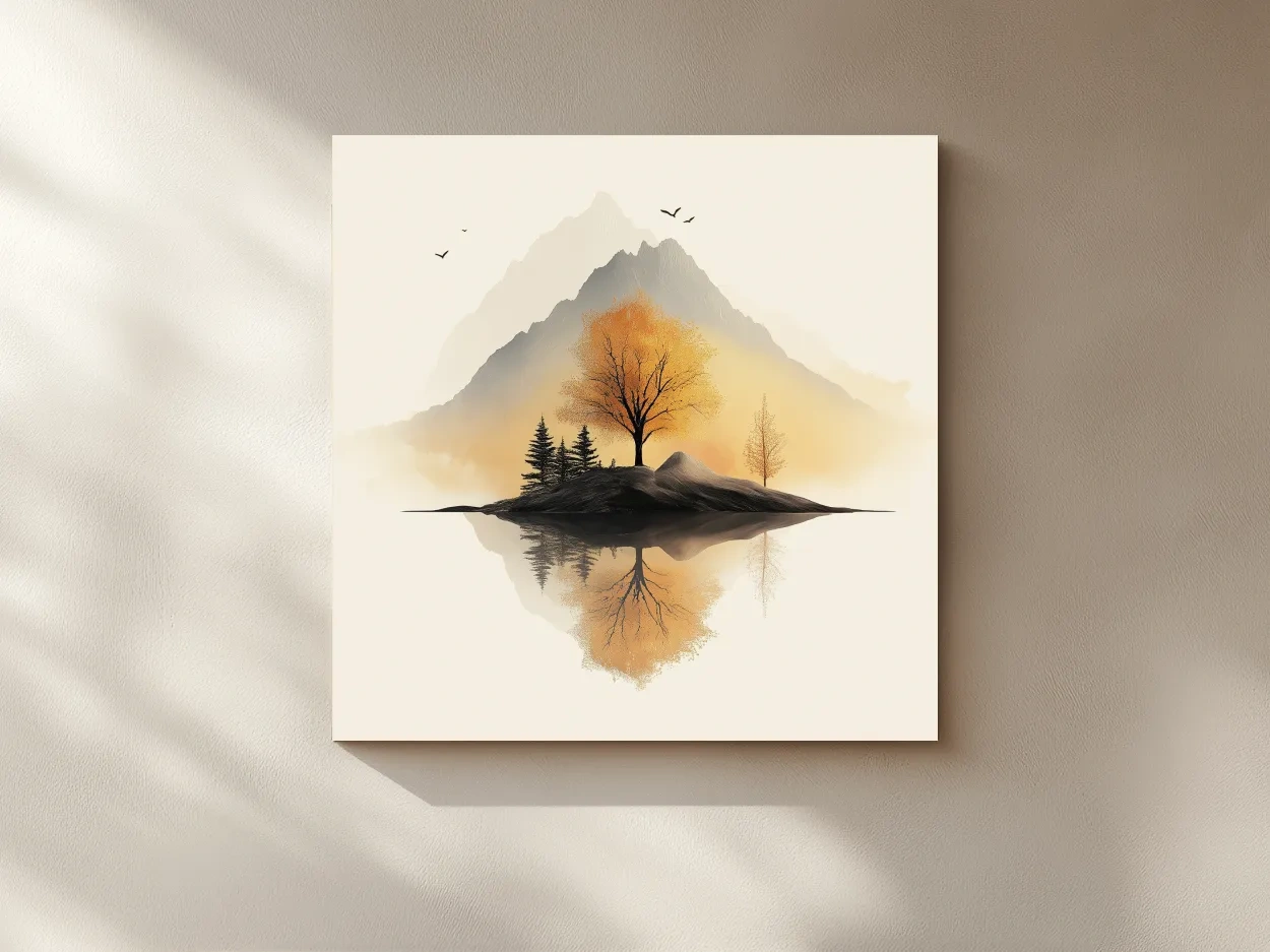 Minimalist Misty Mountain Lake Illustration - Serene Autumn Tree Landscape Wall Art