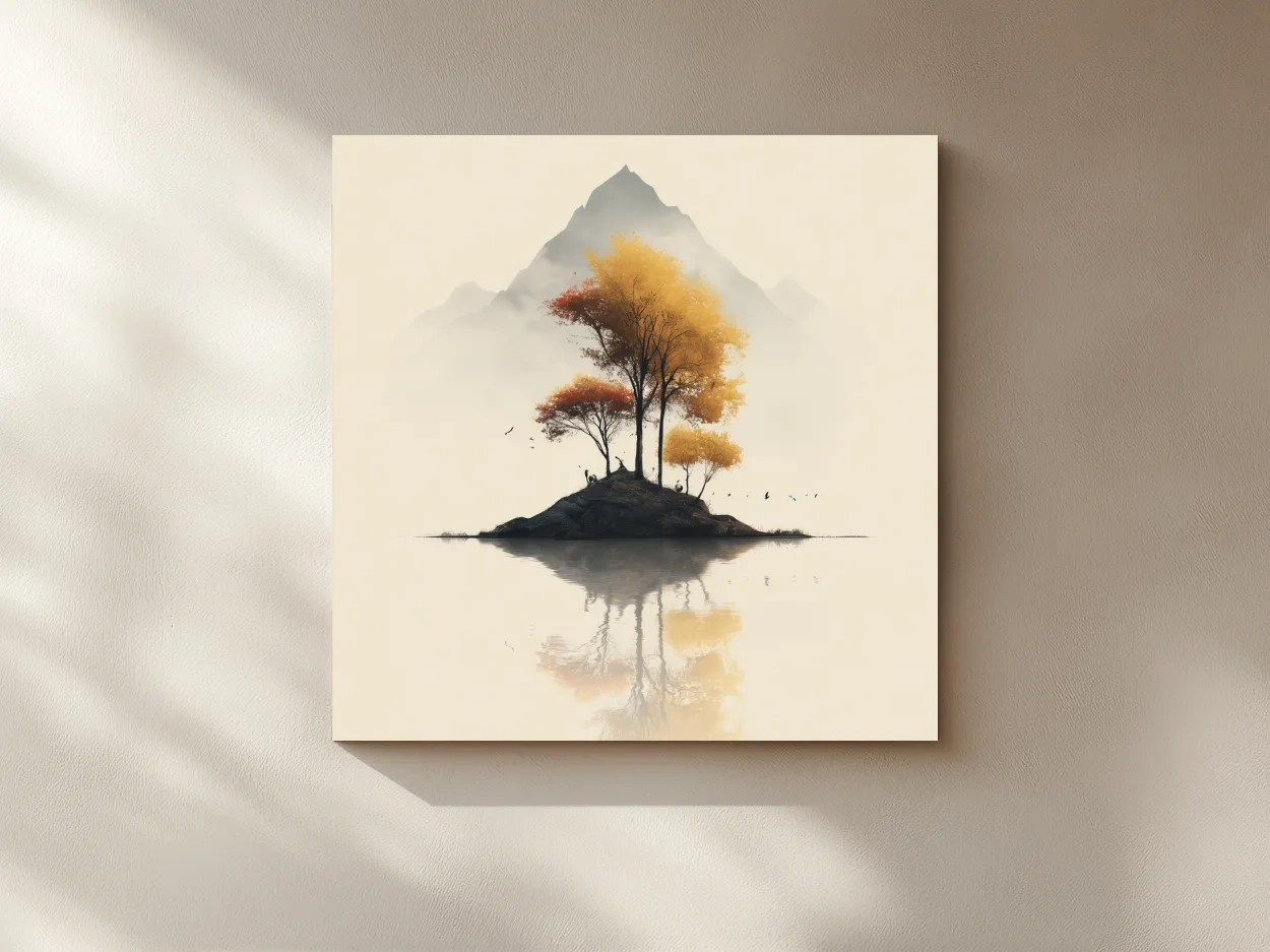 Minimalist Autumn Trees On Misty Lake Island - Serene Mountain Landscape Wall Art