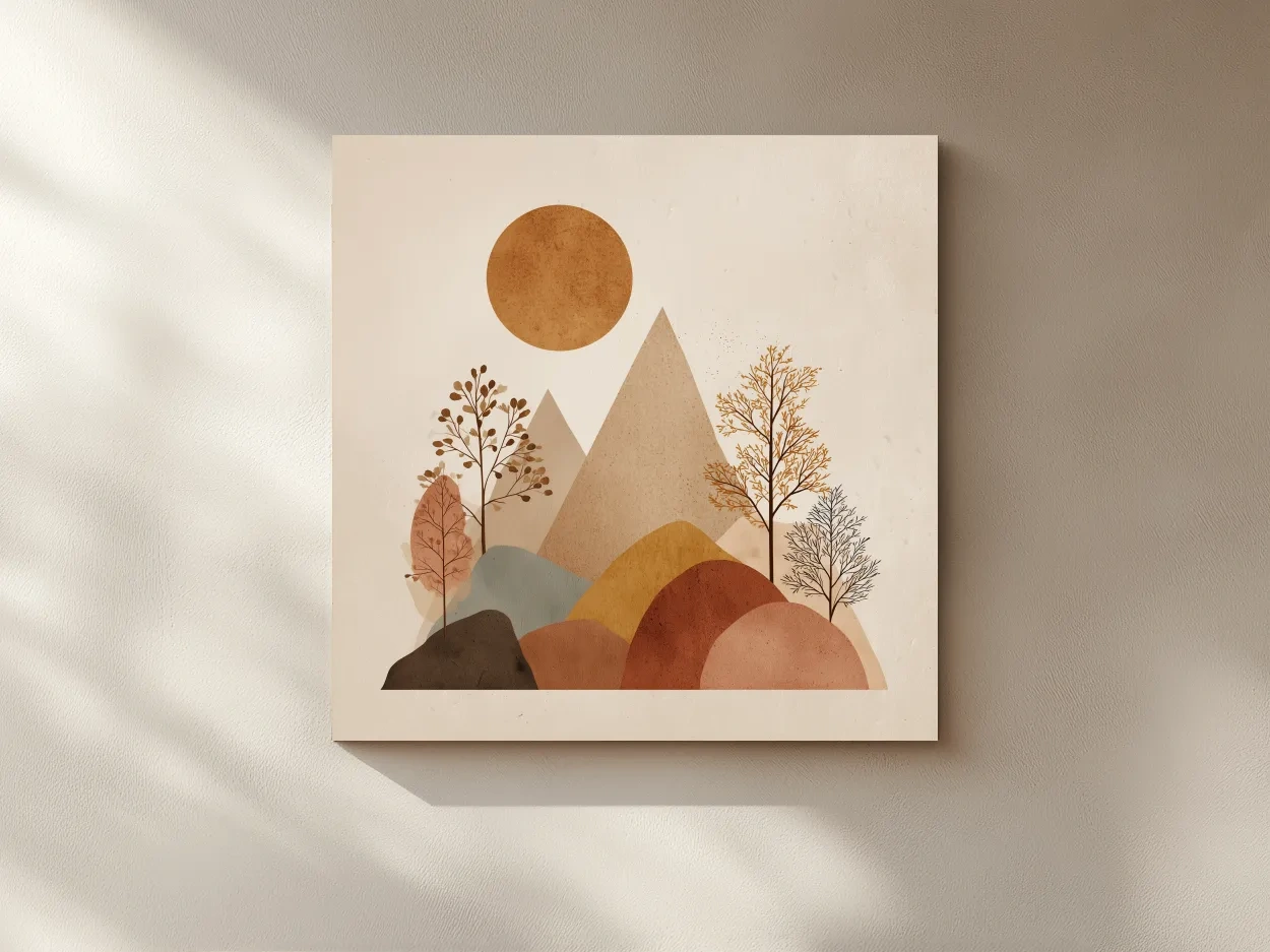 Minimalist Scandi Mountain Sunset Landscape - Boho Neutral Earth Tone Wall Art