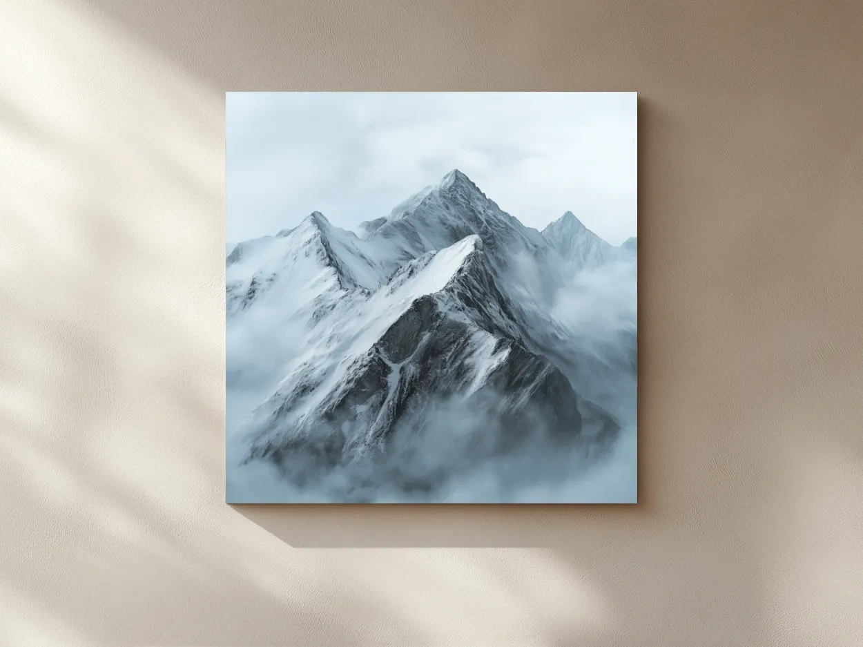 Misty Snowcapped Alpine Peak Landscape - Monochrome Photographic Mountain Wall Art