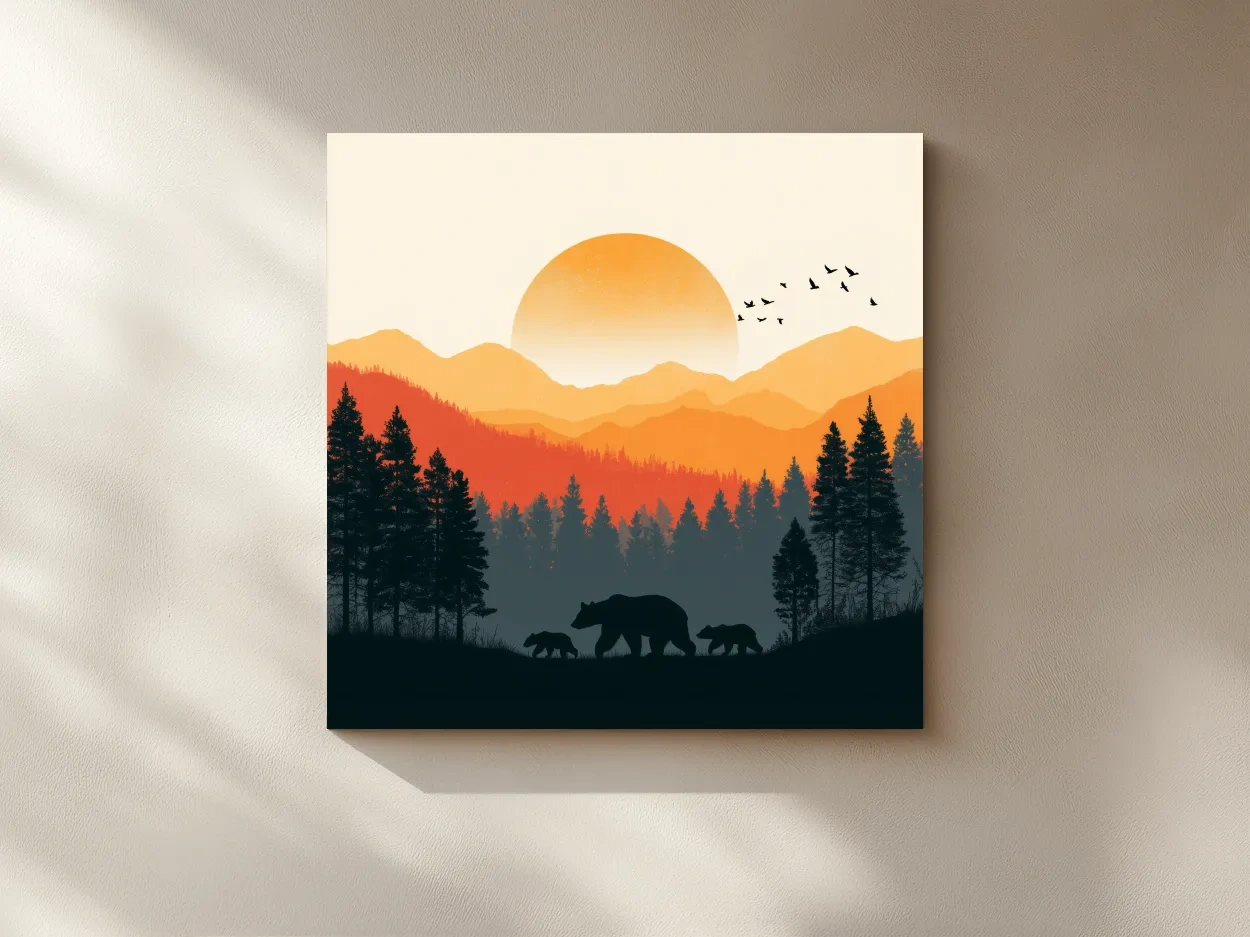 Sunset Mama Bear & Cubs Silhouette - Wildlife Forest Landscape Wall Art