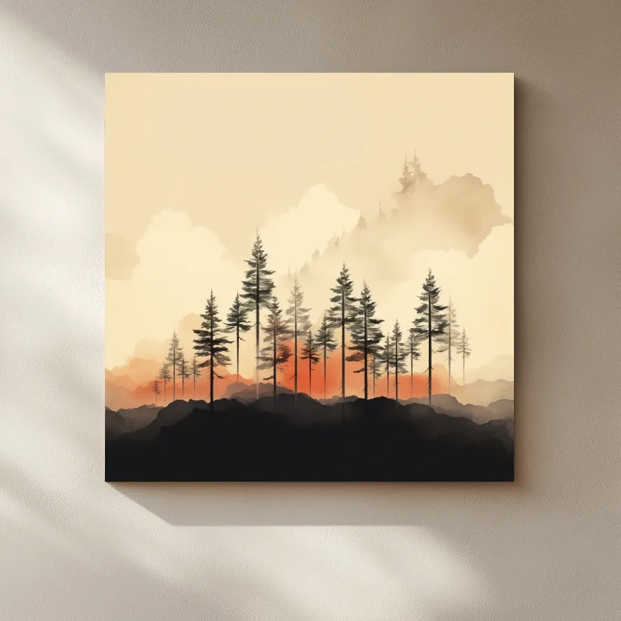 Misty Pine Forest Silhouettes At Sunrise - Minimalist Watercolor Mountain Wall Art