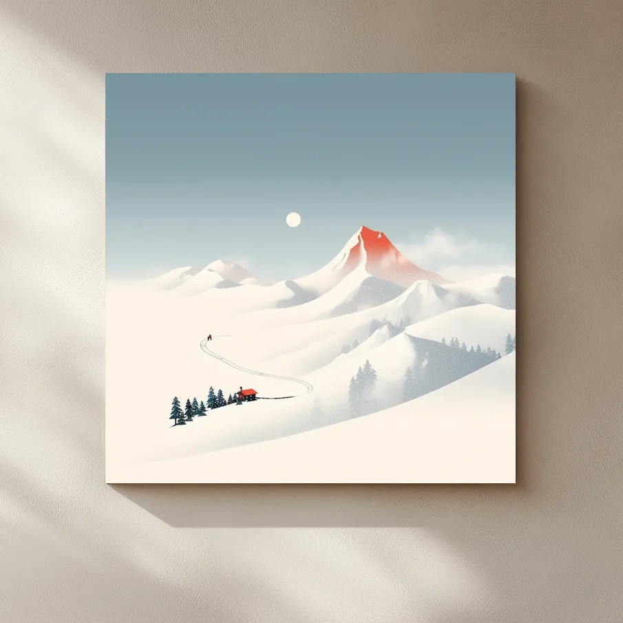 Minimal mountain art, skier leaves skin tracks from the cabin
