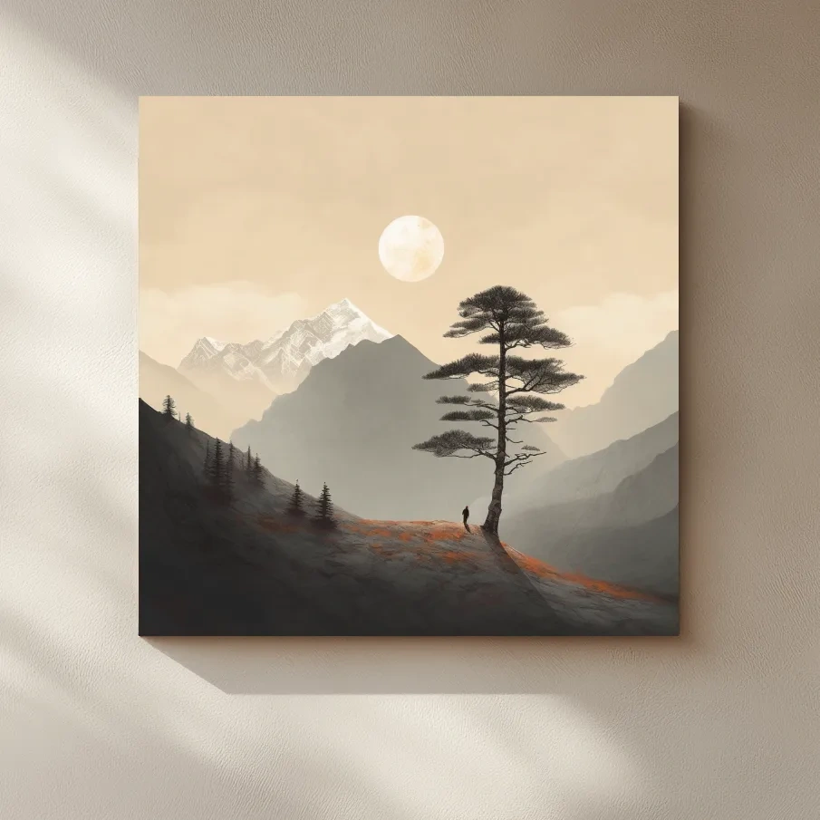 Minimal mountain art, lonely tree
