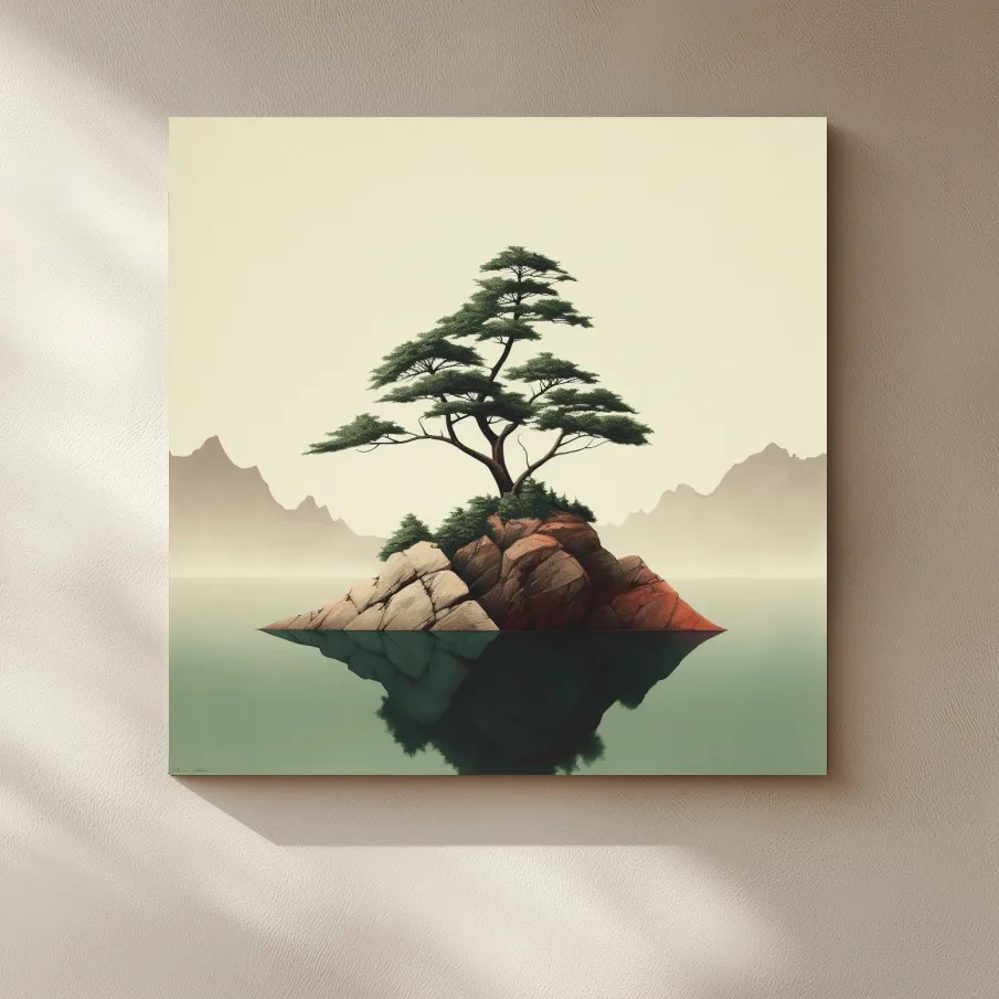 Mimimal mountain art, tree on a lake