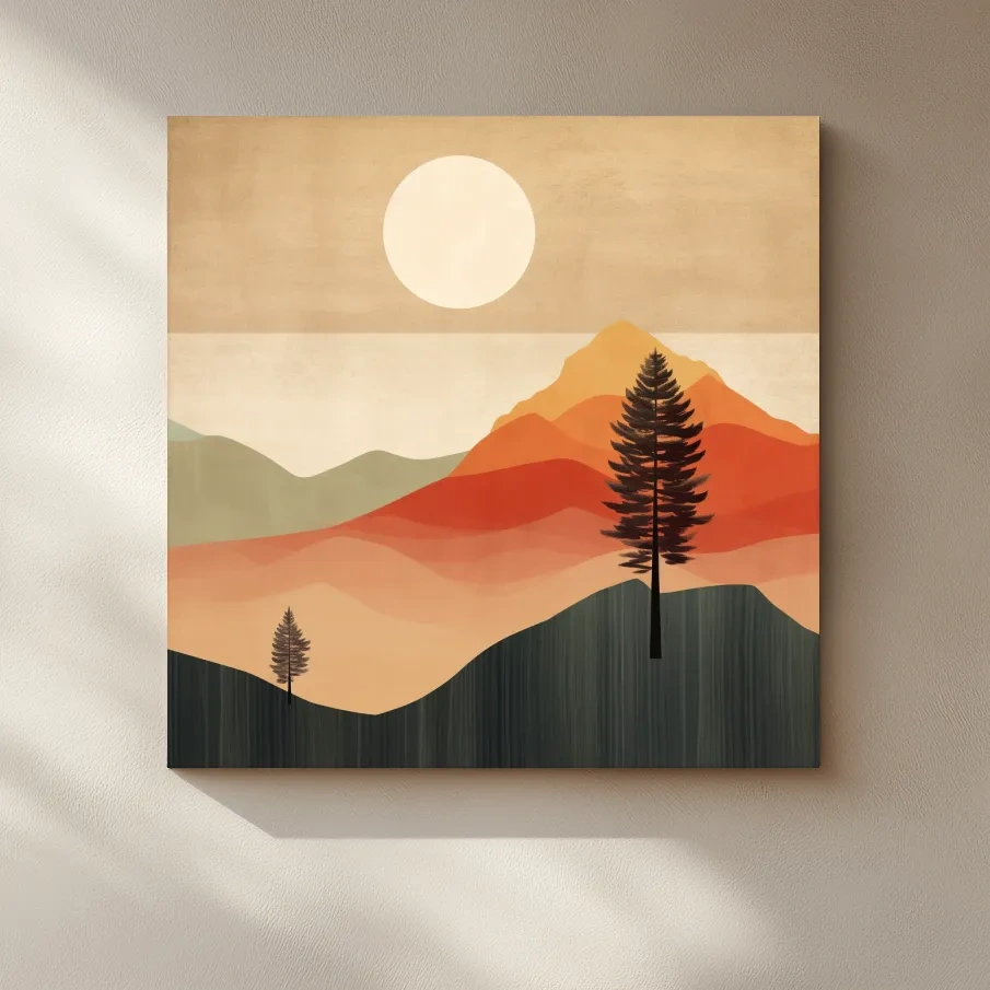Mimimalist mountain art, sunset over the mountains