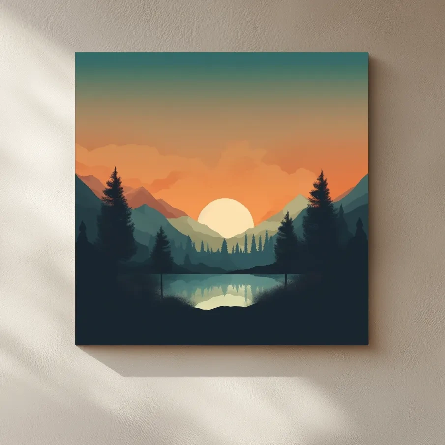 Minimal sunset mountain lake artwork, serene landscape with reflections