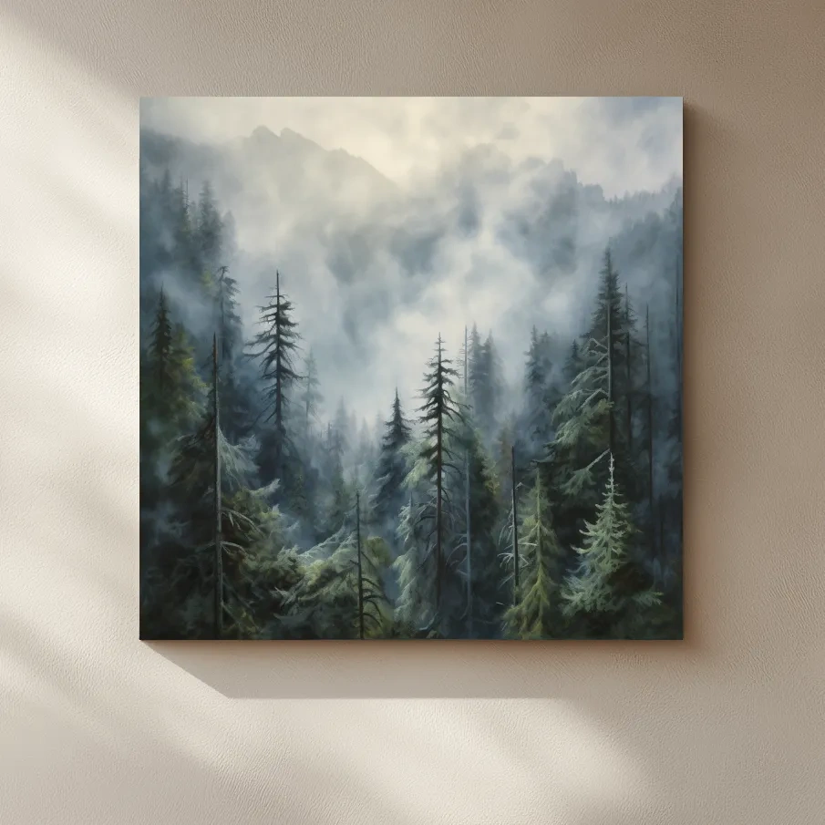Painting of foggy forest in the mountains