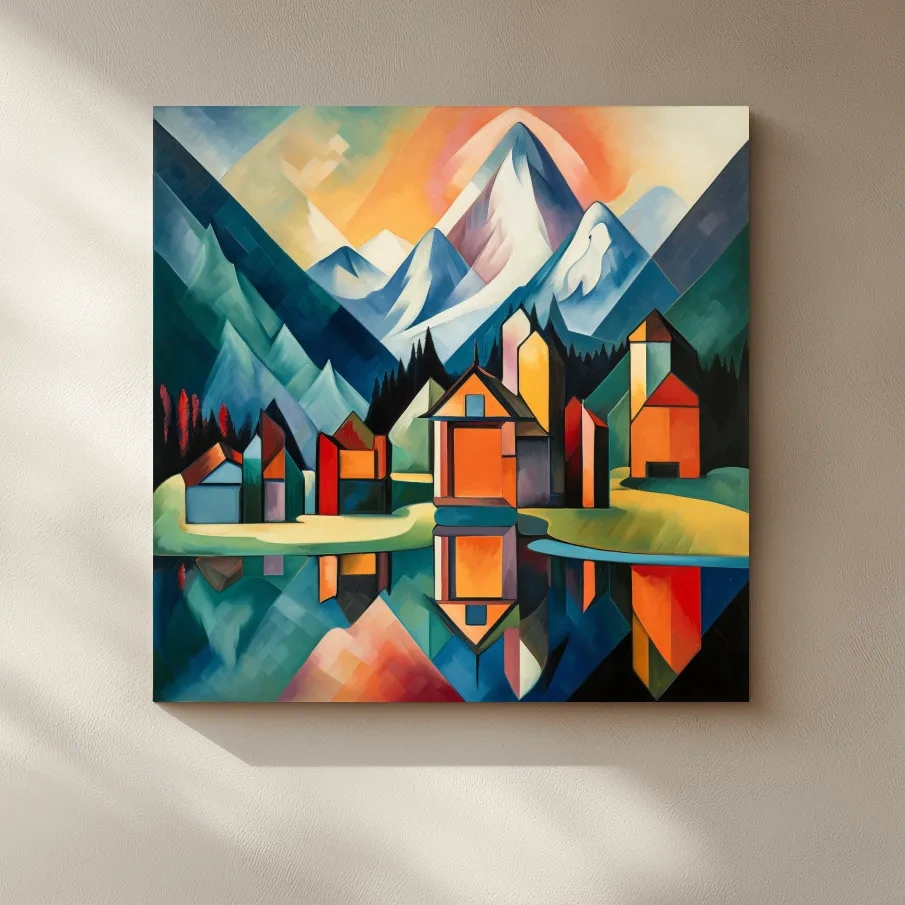 Colorful Geometric Alpine Village Lake Painting - Modern Abstract Mountain Wall Art