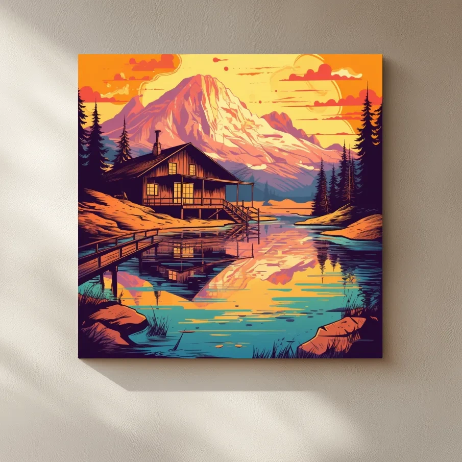 Colourful illustration of a cabin by an alpine lake at sunset