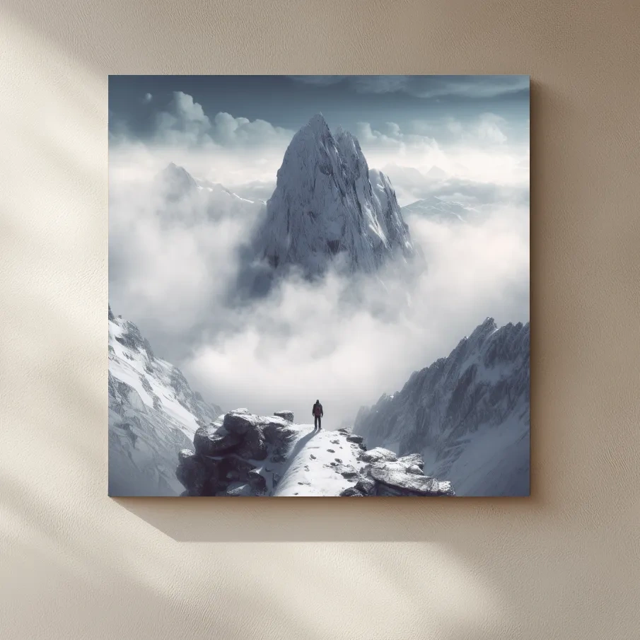 Photographic art of a person standing on a snowy mountain ridge