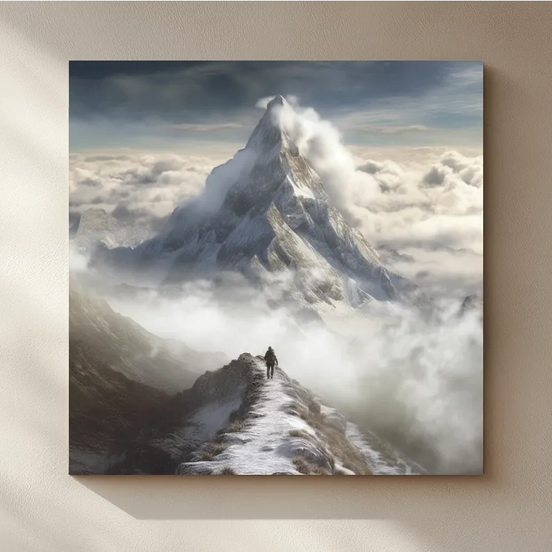 Painting of a person walking along a high alpine ridge