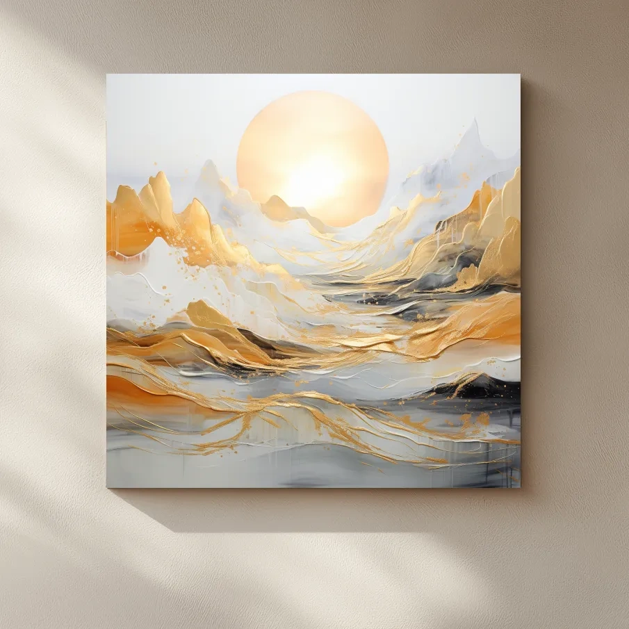 Mountain landscape art, gold leaf painting style