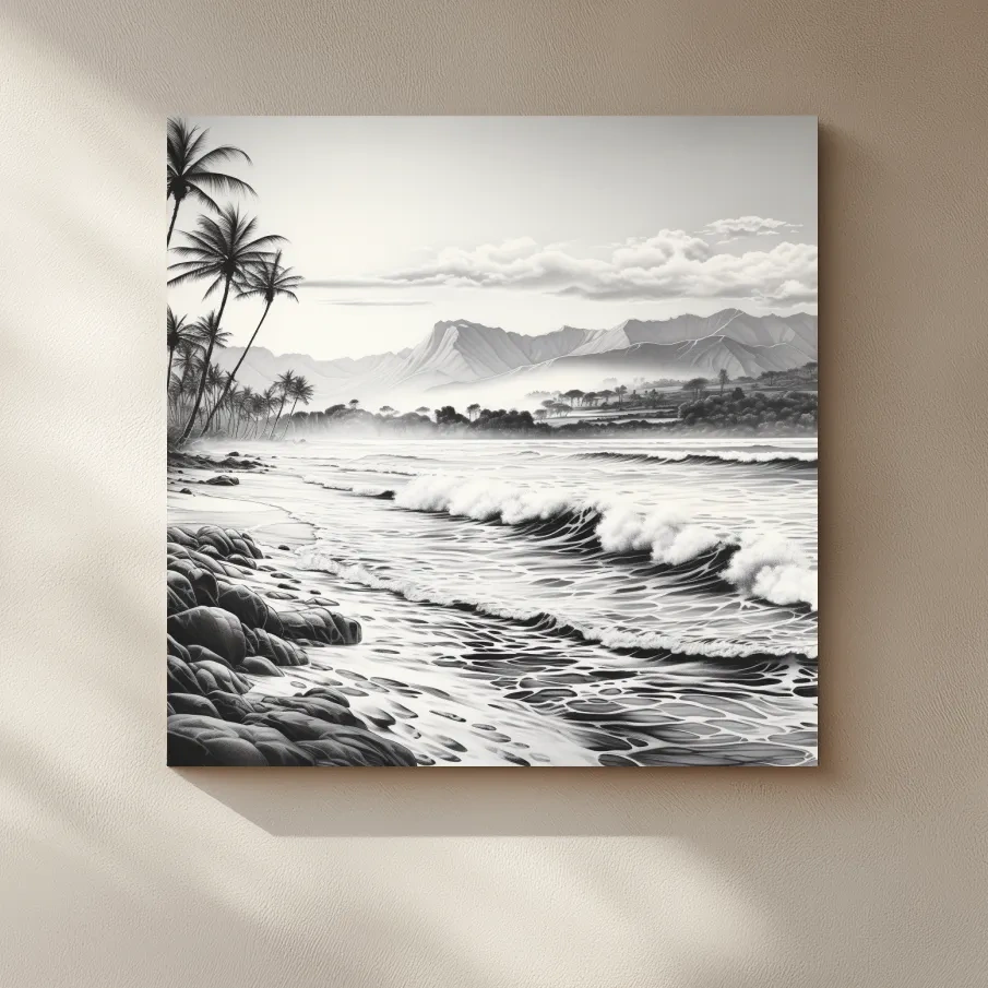 Black and white drawing of a tropical beach mountain scene