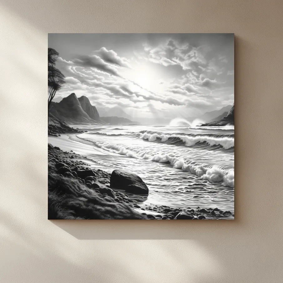 Black and white drawing of a sunny beach scene