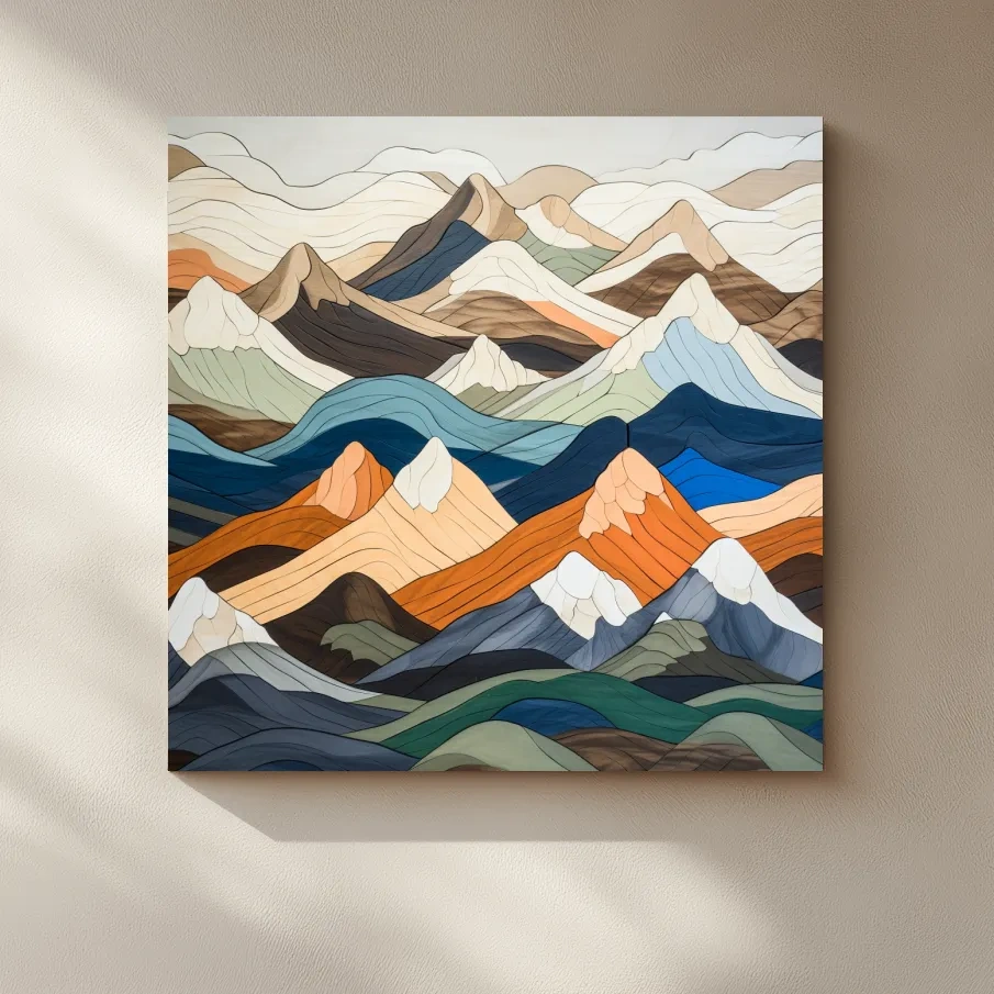 Wooden art, snow mountain peaks