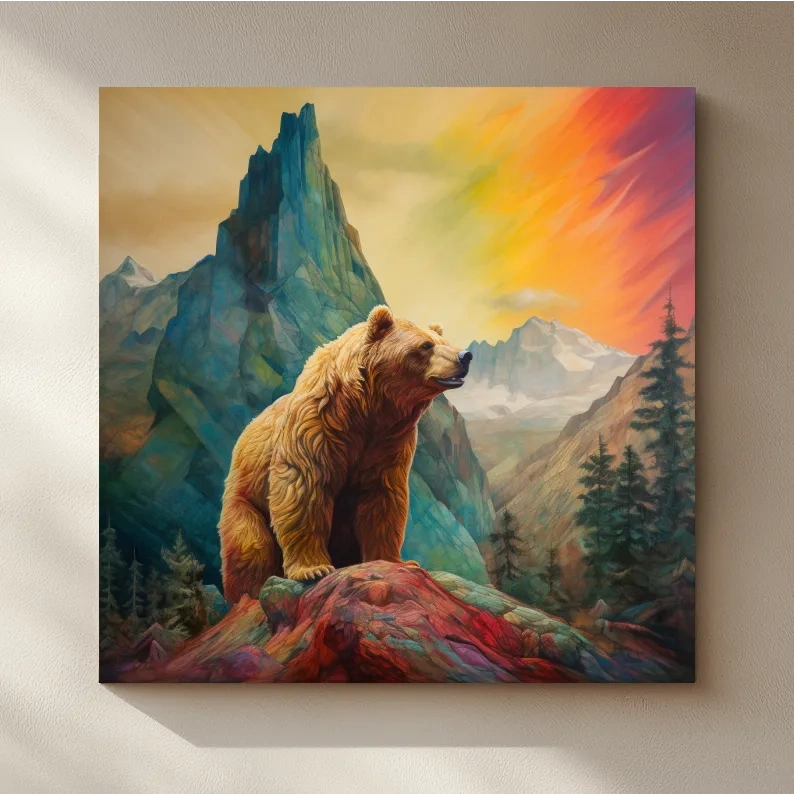 Majestic Grizzly Bear Mountain Landscape - Vibrant Painting Style Wildlife Wall Art