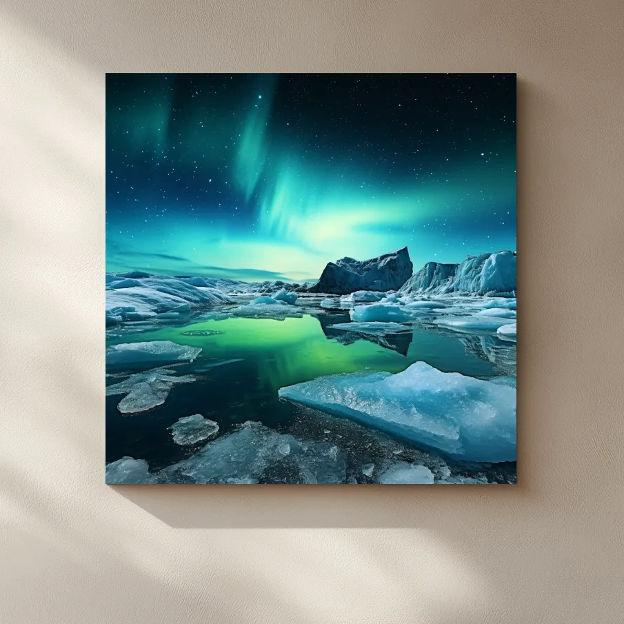 Photographic art, turquoise northen lights over the artic ice