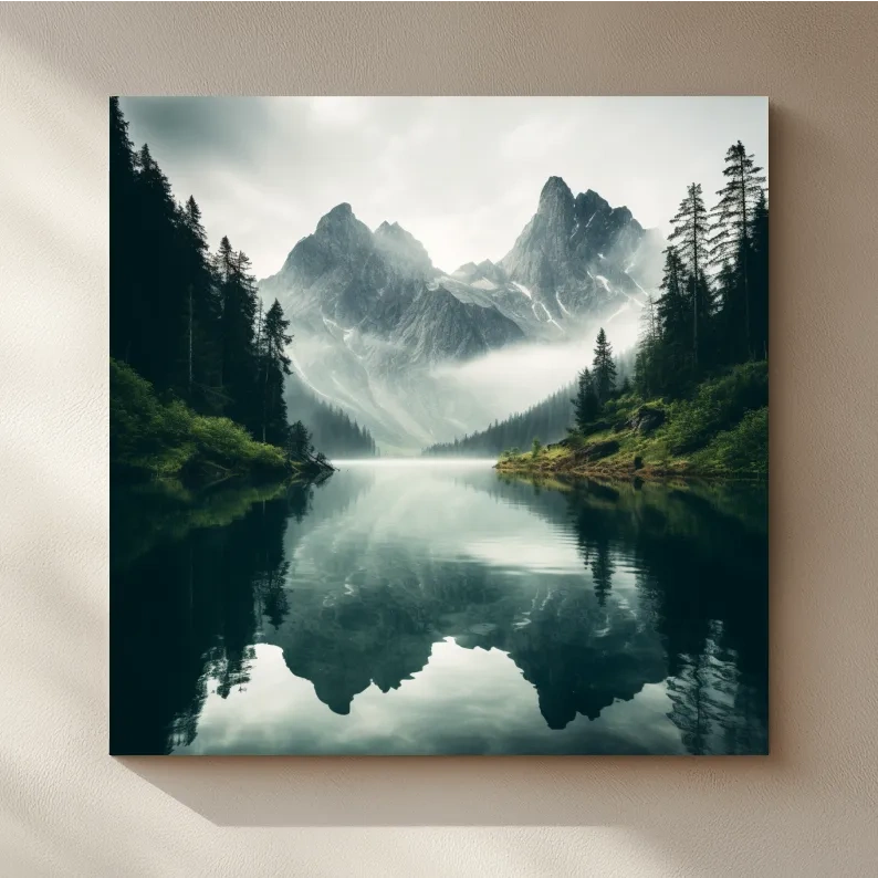 Misty Alpine Mountain Lake Reflection - Moody Pine Forest Photographic Wall Art