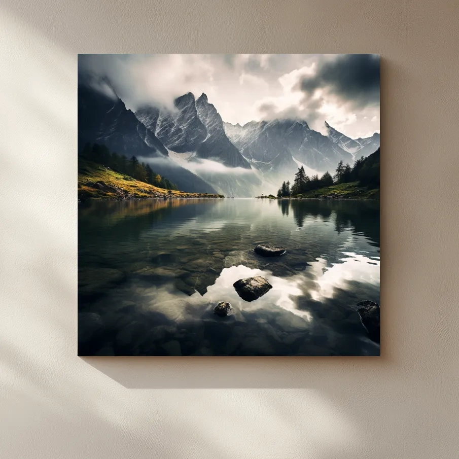 Photographic art, dramatic clouds over an alpine lake