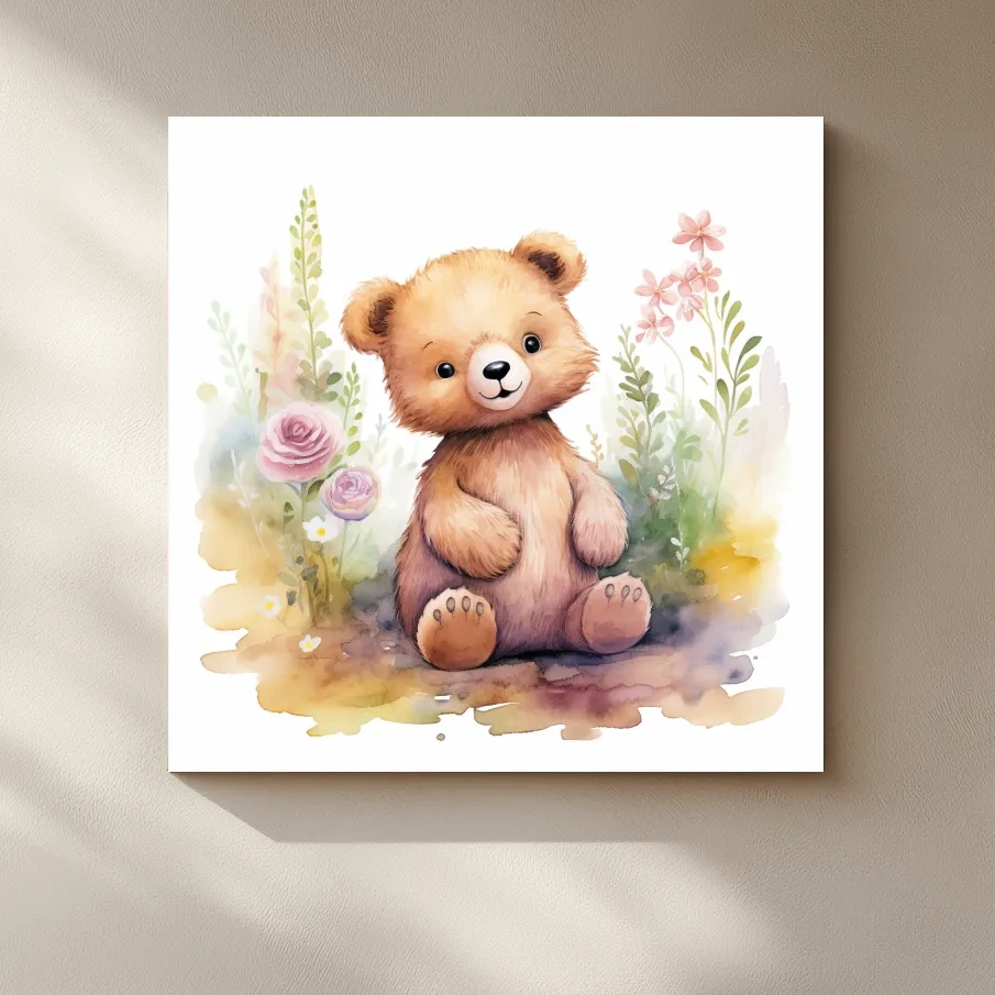 Nursery art, watercolor painting of a cute baby bear