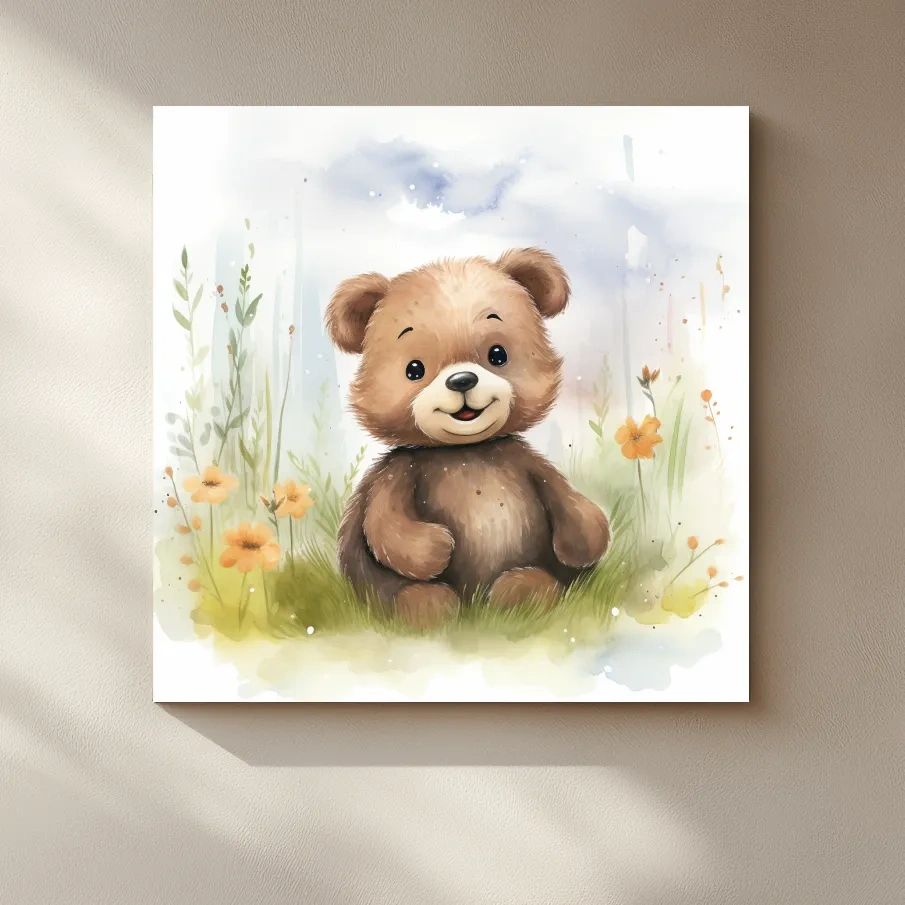 Nursery illustration, watercolor painting of a cute happy bear cub