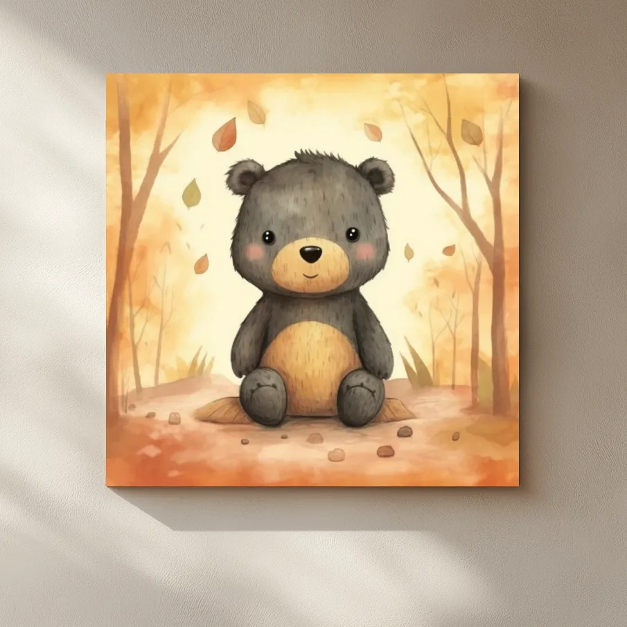 Cute Watercolor Teddy Bear Forest Illustration - Whimsical Nursery Wall Art